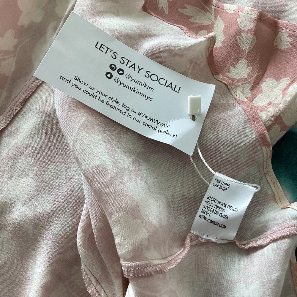 Yumi Kim Kelly Dress Pink Floral Midi V Neck Puff Sleeve Tie Front Size L - Picture 5 of 7